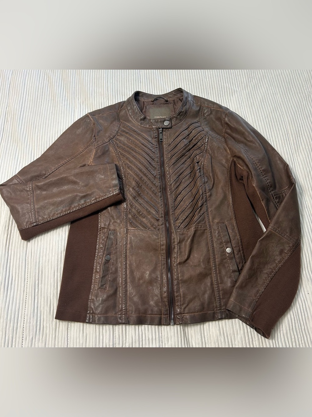 Maurices Brown Faux Leather Moto Jacket with Knit Side Panels